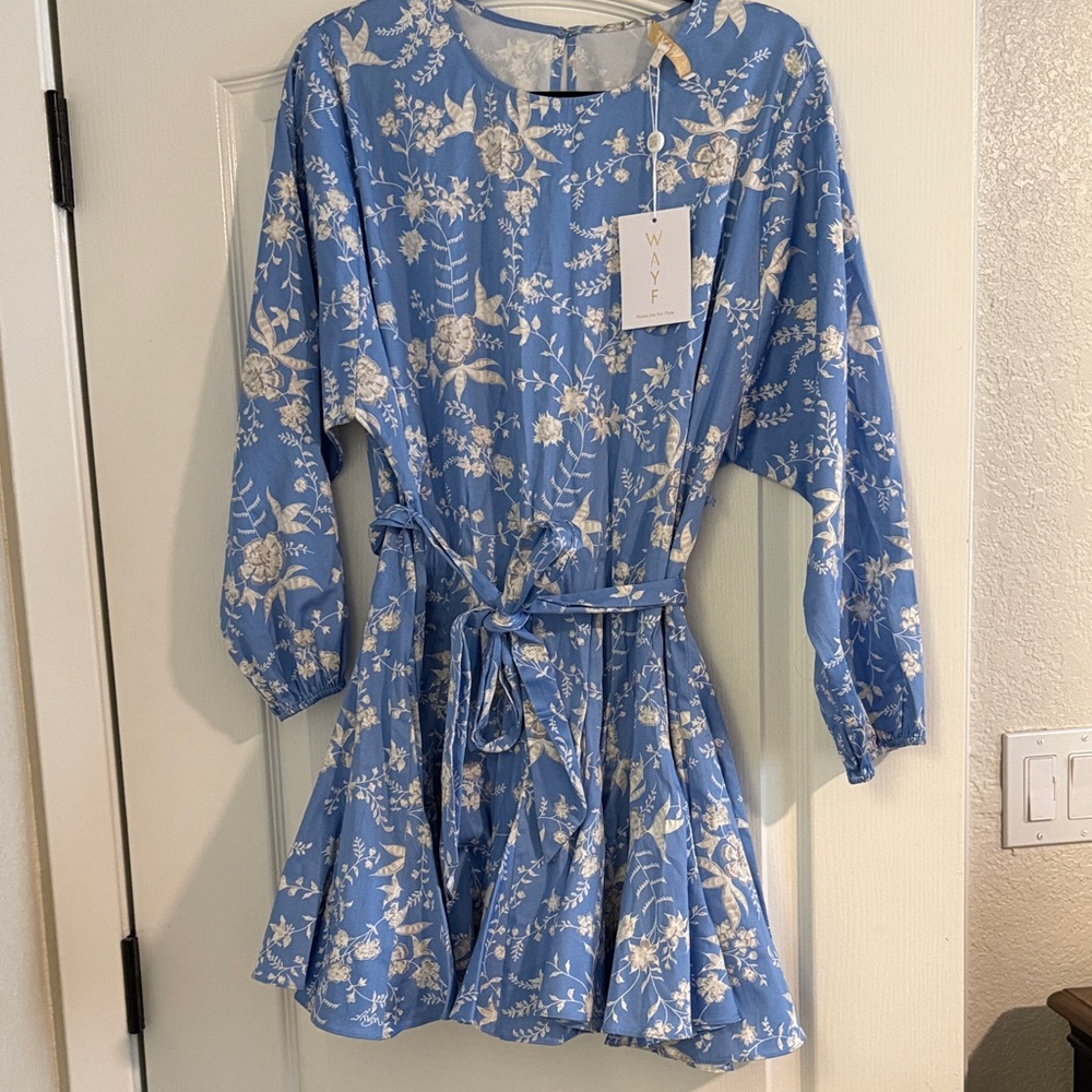 Wayf Blue and Cream Floral Casual Dress